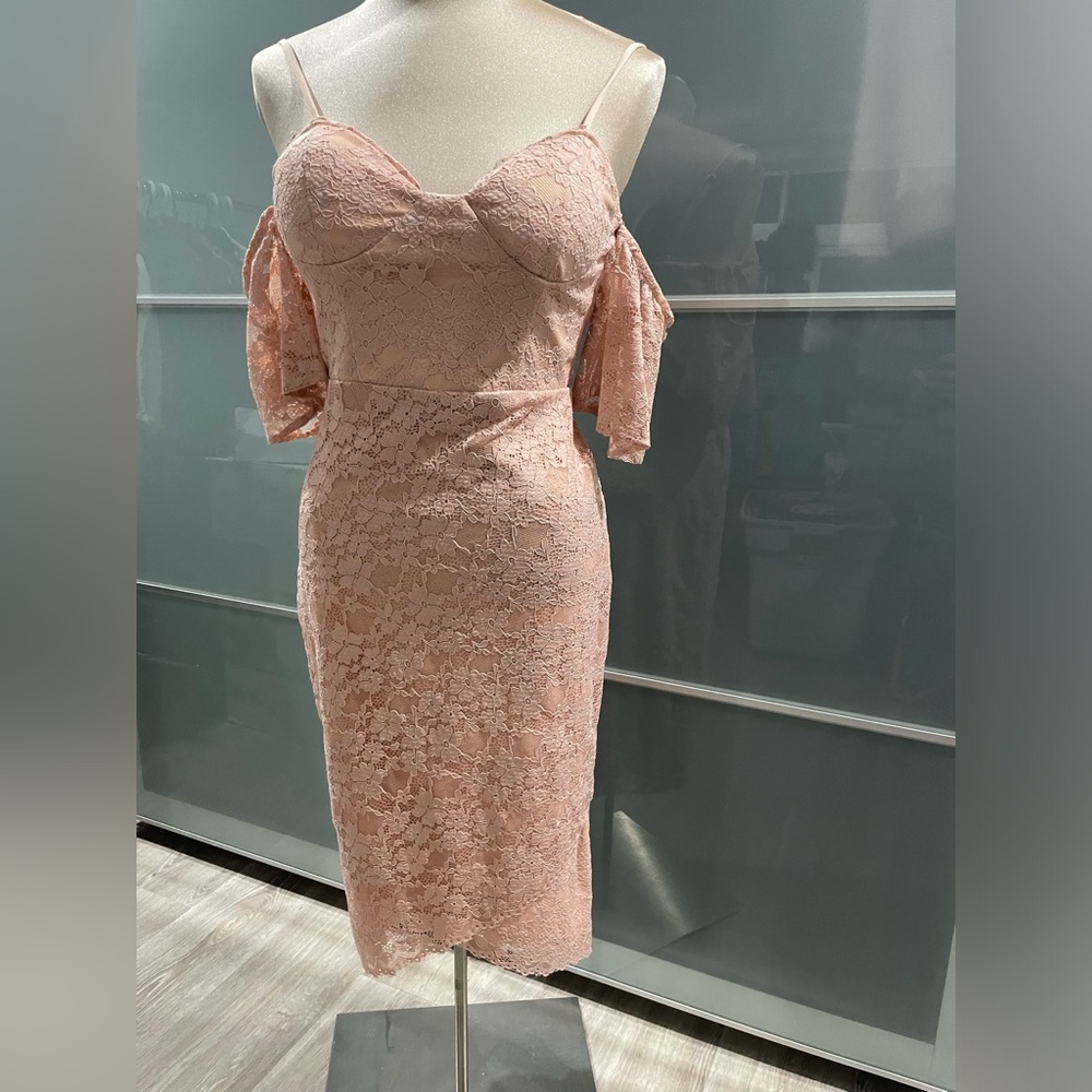 Le Chateau Dusty Pink Bodycon Midi Dress with Flutter Sleeves